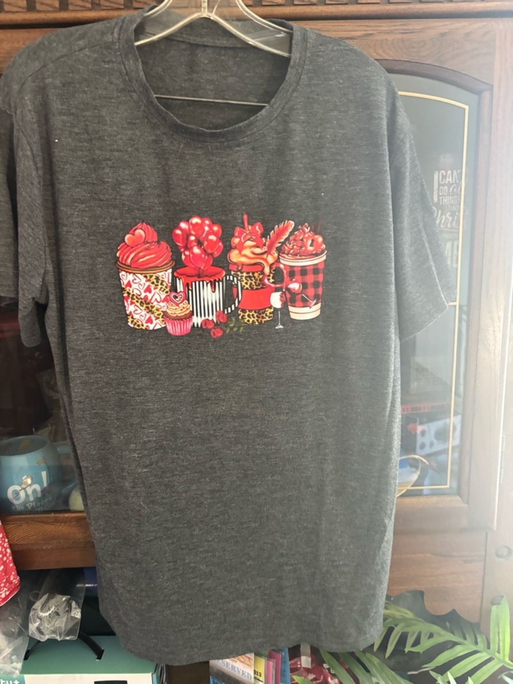 Dark Gray Graphic T-Shirt with Red coffee Print